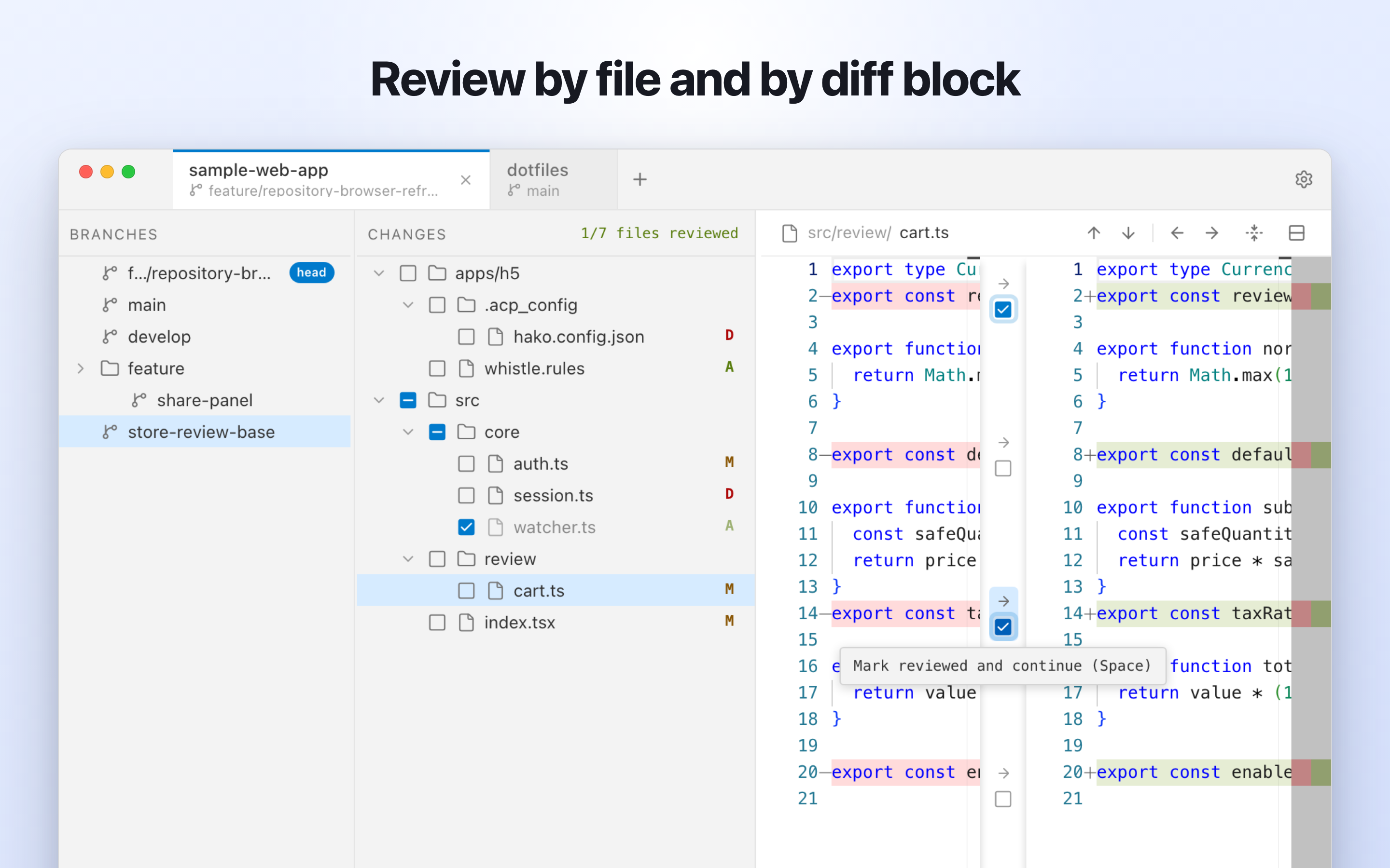 Sabun showing branches, a file tree, and a side-by-side diff review